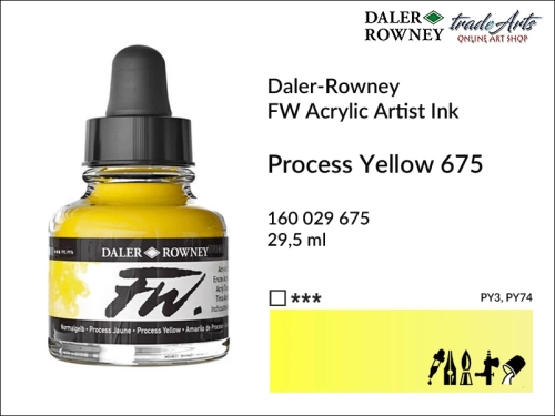Tusz akrylowy Artist's Acrylic Ink Daler-Rowney, Daler-Rowney tusz akrylowy Artist's Acrylic Ink, tusz akrylowy Process Yellow 675 Daler-Rowney, tusz akrylowy do aerografów Daler-Rowney, tradearts,