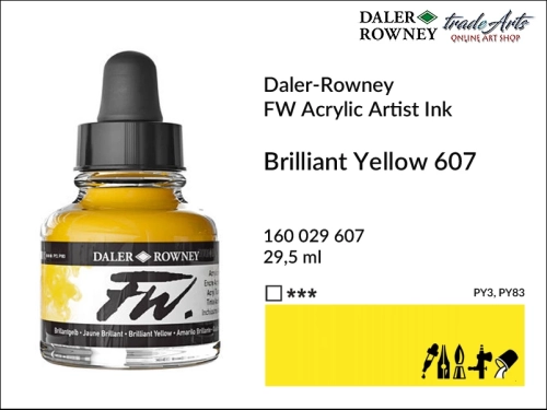 Tusz akrylowy Artist's Acrylic Ink Daler-Rowney, Daler-Rowney tusz akrylowy Artist's Acrylic Ink, tusz akrylowy Brilliant Yellow 607 Daler-Rowney, tusz akrylowy do aerografów Daler-Rowney, tradearts,