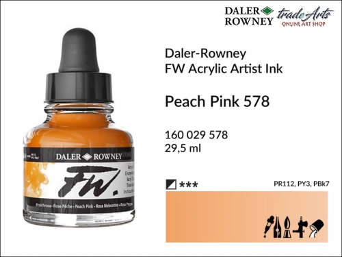 Tusz akrylowy Artist's Acrylic Ink Daler-Rowney, Daler-Rowney tusz akrylowy Artist's Acrylic Ink, tusz akrylowy Peach Pink 578 Daler-Rowney, tusz akrylowy do aerografów Daler-Rowney, tradearts,