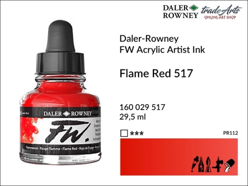 Tusz akrylowy Artist's Acrylic Ink Daler-Rowney, Daler-Rowney tusz akrylowy Artis's Acrylic Ink, tusz akrylowy Flame Red 517 Daler-Rowney, tusz akrylowy do aerografów Daler-Rowney, tradearts,