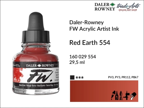 Tusz akrylowy Artist's Acrylic Ink Daler-Rowney, Daler-Rowney tusz akrylowy Artis's Acrylic Ink, tusz akrylowy Red Earth 554 Daler-Rowney, tusz akrylowy do aerografów Daler-Rowney, tradearts,