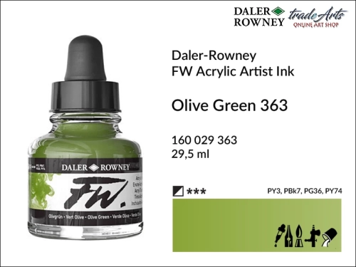 Tusz akrylowy Artist's Acrylic Ink Daler-Rowney, Daler-Rowney tusz akrylowy Artist's Acrylic Ink, tusz akrylowy Olive Green 363 Daler-Rowney, tusz akrylowy do aerografów Daler-Rowney, tradearts,