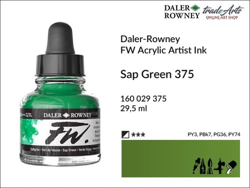 Tusz akrylowy FW Artist's Acrylic Ink Daler-Rowney, Daler-Rowney tusz akrylowy Artis's Acrylic Ink, tusz akrylowy Sap Green 375 Daler-Rowney, tusz akrylowy do aerografów Daler-Rowney, tradearts,