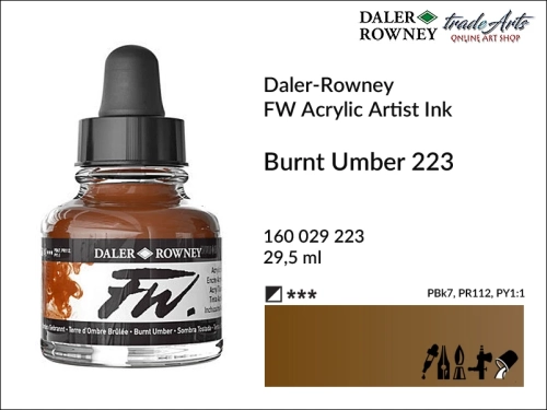 Tusz akrylowy Artist's Acrylic Ink Daler-Rowney, Daler-Rowney tusz akrylowy Artist's Acrylic Ink, tusz akrylowy Burnt Umber 223 Daler-Rowney, tusz akrylowy do aerografów Daler-Rowney, tradearts,