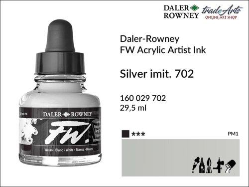 Tusz akrylowy Artist's Acrylic Ink Daler-Rowney, Daler-Rowney tusz akrylowy Artist's Acrylic Ink, tusz akrylowy Silver imit. 702 Daler-Rowney, tusz akrylowy do aerografów Daler-Rowney, tradearts,