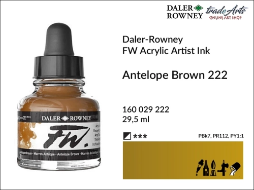 Tusz akrylowy Artist's Acrylic Ink Daler-Rowney, Daler-Rowney tusz akrylowy Artis's Acrylic Ink, tusz akrylowy Antelope Brown 222 Daler-Rowney, tusz akrylowy do aerografów Daler-Rowney, tradearts,