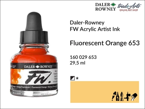 Tusz akrylowy Artist's Acrylic Ink Daler-Rowney, Daler-Rowney tusz akrylowy Artis's Acrylic Ink, tusz akrylowy Fluorescent Orange 653 Daler-Rowney, tusz akrylowy do aerografów Daler-Rowney, tradearts,
