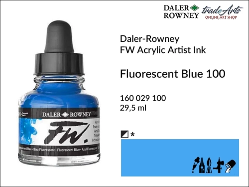 Tusz akrylowy fluorescencyjny Artist's Acrylic Ink Daler-Rowney, Daler-Rowney tusz akrylowy Artis's Acrylic Ink, tusz akrylowy FluorescentBlue 100 Daler-Rowney, tusz akrylowy do aerografów Daler-Rowney, tradearts,
