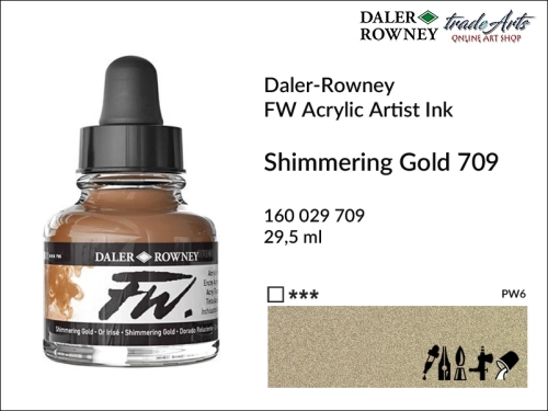 Tusz akrylowy Artist's Acrylic Ink Daler-Rowney, Daler-Rowney tusz akrylowy Artis's Acrylic Ink, tusz akrylowy Shimmering Gold 709 Daler-Rowney, tusz akrylowy do aerografów Daler-Rowney, tradearts,
