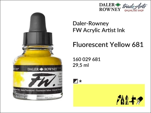 Tusz akrylowy Artist's Acrylic Ink Daler-Rowney, Daler-Rowney tusz akrylowy Artis's Acrylic Ink, tusz akrylowy Fluorescent Yellow 681 Daler-Rowney, tusz akrylowy do aerografów Daler-Rowney, tradearts,
