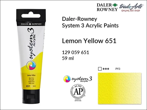 Daler-Rowney System 3 Acrylic farba akrylowa Lemon Yellow 651, farby akrylowe w tubach System 3 Acrylic Daler-Rowney, farba akrylowa Lemon Yellow 651 System 3 Acrylic Daler-Rowney, farby akrylowe, akryle, Daler-Rowney,