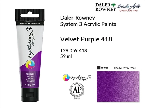 Daler-Rowney System 3 Acrylic farba akrylowa Velvet Purple 418, farby akrylowe w tubach System 3 Acrylic Daler-Rowney, farba akrylowa Velvet Purple 418 System 3 Acrylic Daler-Rowney, farby akrylowe, akryle, Daler-Rowney,