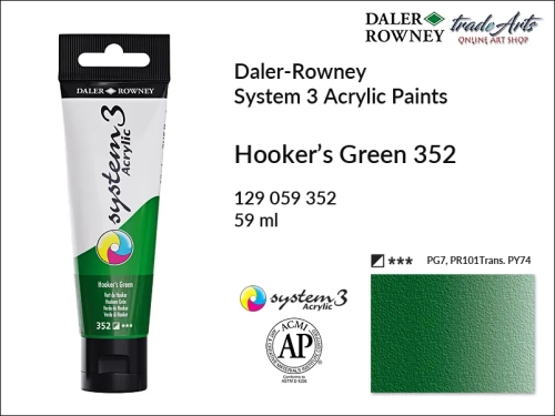 Daler-Rowney System 3 Acrylic farba akrylowa Hooker's Green 352, farby akrylowe w tubach System 3 Acrylic Daler-Rowney, farba akrylowa Hooker's Green 352 System 3 Acrylic Daler-Rowney, farby akrylowe, akryle, Daler-Rowney,