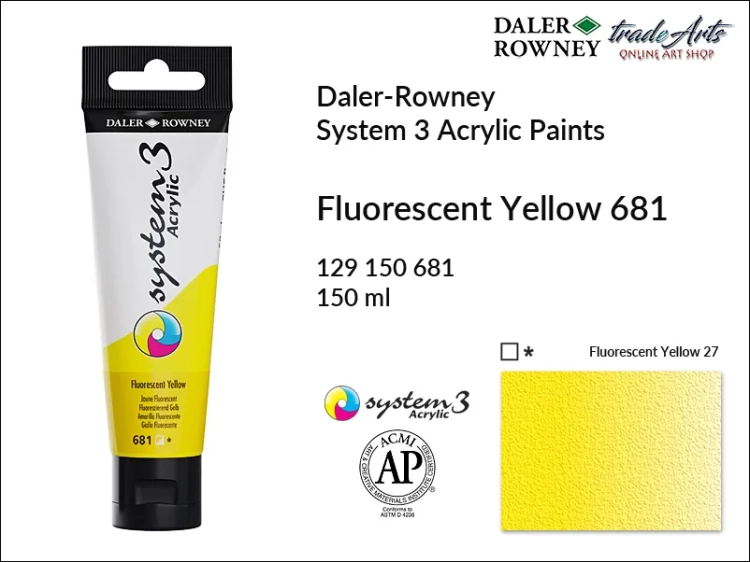 Daler-Rowney System 3 Acrylic farba akrylowa Fluorescent Yellow 681, farby akrylowe w tubach System 3 Acrylic Daler-Rowney, farba akrylowa Fluorescent Yellow 681 System 3 Acrylic Daler-Rowney, farby akrylowe, akryle, Daler-Rowney,