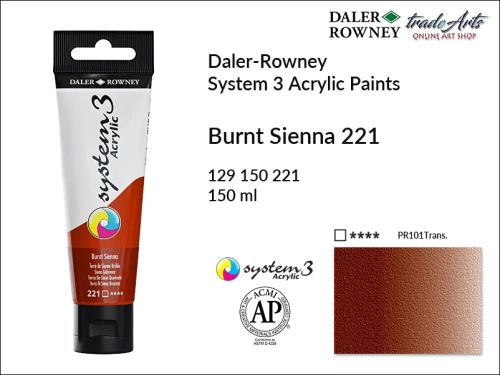 Daler-Rowney System 3 Acrylic farba akrylowa Burnt Sienna 221, farby akrylowe w tubach System 3 Acrylic Daler-Rowney, farba akrylowa Burnt Sienna 221 System 3 Acrylic Daler-Rowney, farby akrylowe, akryle, Daler-Rowney,