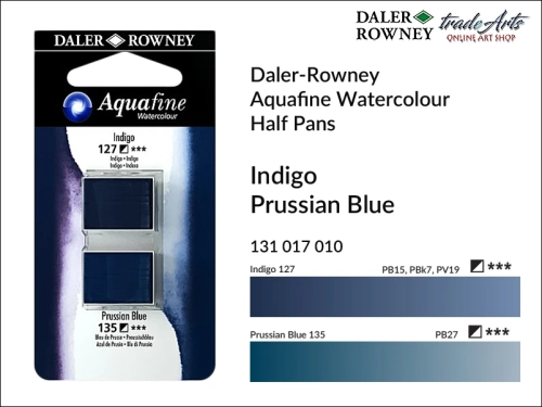 Daler-Rowney Aquafine Watercolour Half Pan Indigo-Prussian Blue , farby akwarelowe w kostkach Indigo-Prussian Blue Aquafine Half Pan, DR Aquafine Watercolour Half Pan Twin Set akwarele w kostkach, akwarele w półkostkach Half Pan,