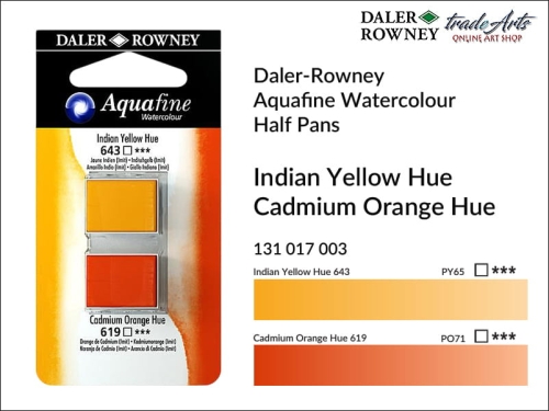 Daler-Rowney Aquafine Watercolour Half Pan Indian Yellow-Cadmium Orange, farby akwarelowe w kostkach Indian Yellow-Cadmium Orange Aquafine Half Pan, DR Aquafine Watercolour Half Pan Twin Set akwarele w kostkach, akwarele w półkostkach Half Pan,