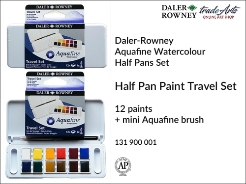 Daler-Rowney Aquafine Half Pan Travel Set 12 zestaw farb akwarelowych z pędzelkiem, zestaw akwarelowy Travel Set 12 Half Pan Aquafine Daler-Rowney, zestawy akwarelowe Aquafine,  akwarele, zestaw akwareli, komplet akwareli,