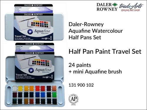 Daler-Rowney Aquafine Half Pan Travel Set 24 zestaw farb akwarelowych z pędzelkiem, zestaw akwarelowy Travel Set 24 Half Pan Aquafine Daler-Rowney, zestawy akwarelowe Aquafine,  akwarele, zestaw akwareli, komplet akwareli,