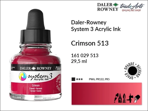 Daler-Rowney System 3 Acrylic Ink tusze akrylowe do aerografów,  tusz akrylowy Crimson 513 System 3 Acrylic, tusze akrylowe Daler-Rowney System 3 Acrylic Ink  28 kolorów, tusze pigmentowe akrylowe System 3 Acrylic Ink,