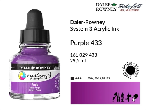 Daler-Rowney System 3 Acrylic Ink tusze akrylowe do aerografów,  tusz akrylowy Purple 433 System 3 Acrylic, tusze akrylowe Daler-Rowney System 3 Acrylic Ink  28 kolorów, tusze pigmentowe akrylowe System 3 Acrylic Ink,