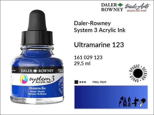 Daler-Rowney System 3 Acrylic Ink tusze akrylowe do aerografów,  tusz akrylowy Ultramarine 123 System 3 Acrylic, tusze akrylowe Daler-Rowney System 3 Acrylic Ink  28 kolorów, tusze pigmentowe akrylowe System 3 Acrylic Ink,