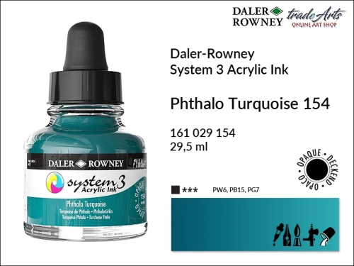 Daler-Rowney System 3 Acrylic Ink tusze akrylowe do aerografów,  tusz akrylowy Phthalo Turquoise 154 System 3 Acrylic, tusze akrylowe Daler-Rowney System 3 Acrylic Ink  28 kolorów, tusze pigmentowe akrylowe System 3 Acrylic Ink,