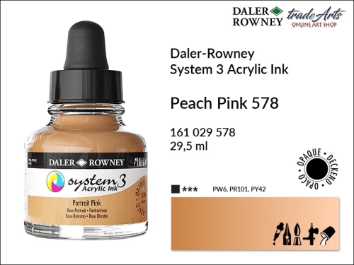 Daler-Rowney System 3 Acrylic Ink tusze akrylowe do aerografów,  tusz akrylowy Peach Pink 578 System 3 Acrylic, tusze akrylowe Daler-Rowney System 3 Acrylic Ink  28 kolorów, tusze pigmentowe akrylowe System 3 Acrylic Ink,