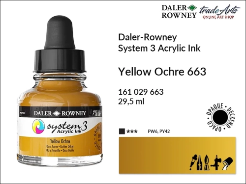 Daler-Rowney System 3 Acrylic Ink tusze akrylowe do aerografów,  tusz akrylowy Yellow Ochre 663 System 3 Acrylic, tusze akrylowe Daler-Rowney System 3 Acrylic Ink  28 kolorów, tusze pigmentowe akrylowe System 3 Acrylic Ink,