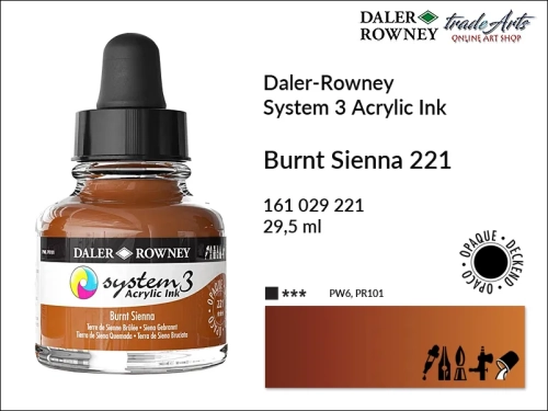 Daler-Rowney System 3 Acrylic Ink tusze akrylowe do aerografów,  tusz akrylowy Burnt Sienna 221 System 3 Acrylic, tusze akrylowe Daler-Rowney System 3 Acrylic Ink  28 kolorów, tusze pigmentowe akrylowe System 3 Acrylic Ink,