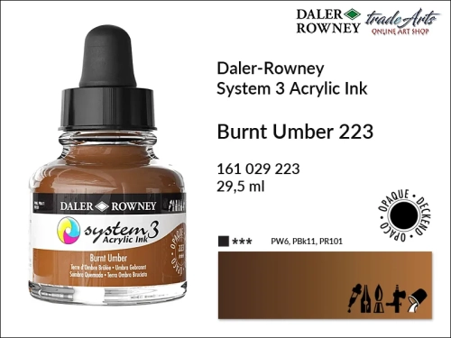 Daler-Rowney System 3 Acrylic Ink tusze akrylowe do aerografów,  tusz akrylowy Burnt Umber 223 System 3 Acrylic, tusze akrylowe Daler-Rowney System 3 Acrylic Ink  28 kolorów, tusze pigmentowe akrylowe System 3 Acrylic Ink,