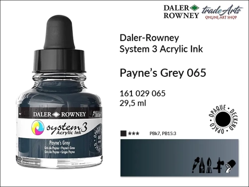 Daler-Rowney System 3 Acrylic Ink tusze akrylowe do aerografów,  tusz akrylowy Payne's Grey 065 System 3 Acrylic, tusze akrylowe Daler-Rowney System 3 Acrylic Ink  28 kolorów, tusze pigmentowe akrylowe System 3 Acrylic Ink,