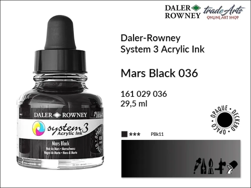 Daler-Rowney System 3 Acrylic Ink tusze akrylowe do aerografów,  tusz akrylowy Mars Black 046 System 3 Acrylic, tusze akrylowe Daler-Rowney System 3 Acrylic Ink  28 kolorów, tusze pigmentowe akrylowe System 3 Acrylic Ink,