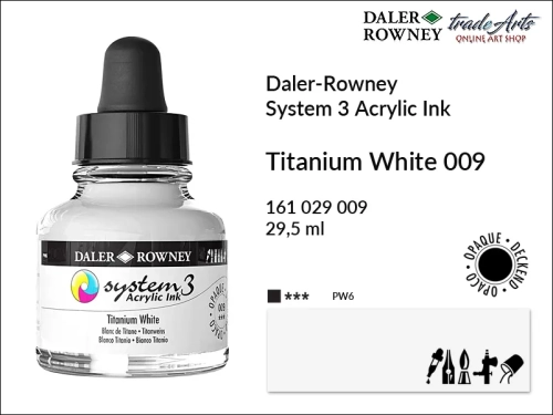 Daler-Rowney System 3 Acrylic Ink tusze akrylowe do aerografów,  tusz akrylowy Titanium White 009 System 3 Acrylic, tusze akrylowe Daler-Rowney System 3 Acrylic Ink  28 kolorów, tusze pigmentowe akrylowe System 3 Acrylic Ink,
