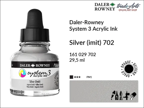 Daler-Rowney System 3 Acrylic Ink tusze akrylowe do aerografów,  tusz akrylowy Silver imit. 702 System 3 Acrylic, tusze akrylowe Daler-Rowney System 3 Acrylic Ink  28 kolorów, tusze pigmentowe akrylowe System 3 Acrylic Ink,