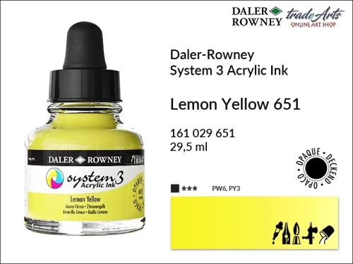 Daler-Rowney System 3 Acrylic Ink tusze akrylowe do aerografów,  tusz akrylowy Lemon Yellow 651 System 3 Acrylic, tusze akrylowe Daler-Rowney System 3 Acrylic Ink  28 kolorów, tusze pigmentowe akrylowe System 3 Acrylic Ink,