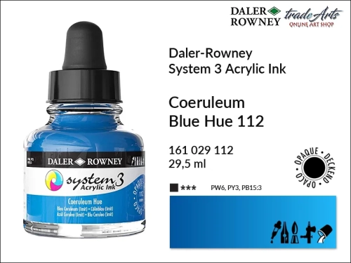 Daler-Rowney System 3 Acrylic Ink tusze akrylowe do aerografów,  tusz akrylowy Coeruleum Blue Hue 112 System 3 Acrylic, tusze akrylowe Daler-Rowney System 3 Acrylic Ink  28 kolorów, tusze pigmentowe akrylowe System 3 Acrylic Ink,