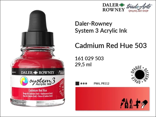 Daler-Rowney System 3 Acrylic Ink tusze akrylowe do aerografów,  tusz akrylowy Cadmium Red Hue 503 System 3 Acrylic, tusze akrylowe Daler-Rowney System 3 Acrylic Ink  28 kolorów, tusze pigmentowe akrylowe System 3 Acrylic Ink,