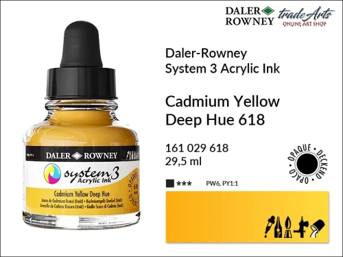 Daler-Rowney System 3 Acrylic Ink tusze akrylowe do aerografów,  tusz akrylowy Cadmium Yellow Deep Hue 618 System 3 Acrylic, tusze akrylowe Daler-Rowney System 3 Acrylic Ink  28 kolorów, tusze pigmentowe akrylowe System 3 Acrylic Ink,