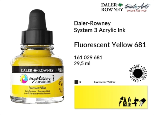 Daler-Rowney System 3 Acrylic Ink tusze akrylowe do aerografów,  tusz akrylowy Fluorescent Yellow 681 System 3 Acrylic, tusze akrylowe Daler-Rowney System 3 Acrylic Ink  28 kolorów, tusze pigmentowe akrylowe System 3 Acrylic Ink,