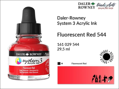 Daler-Rowney System 3 Acrylic Ink tusze akrylowe do aerografów,  tusz akrylowy Fluorescent Red 544 System 3 Acrylic, tusze akrylowe Daler-Rowney System 3 Acrylic Ink  28 kolorów, tusze pigmentowe akrylowe System 3 Acrylic Ink,
