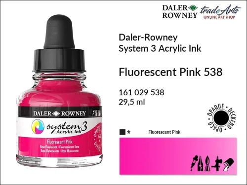 Daler-Rowney System 3 Acrylic Ink tusze akrylowe do aerografów,  tusz akrylowy Fluorescent Pink 538 System 3 Acrylic, tusze akrylowe Daler-Rowney System 3 Acrylic Ink  28 kolorów, tusze pigmentowe akrylowe System 3 Acrylic Ink,