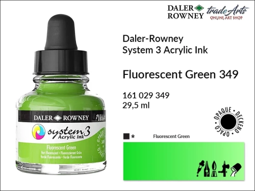 Daler-Rowney System 3 Acrylic Ink tusze akrylowe do aerografów,  tusz akrylowy Fluorescent Green 349 System 3 Acrylic, tusze akrylowe Daler-Rowney System 3 Acrylic Ink  28 kolorów, tusze pigmentowe akrylowe System 3 Acrylic Ink,