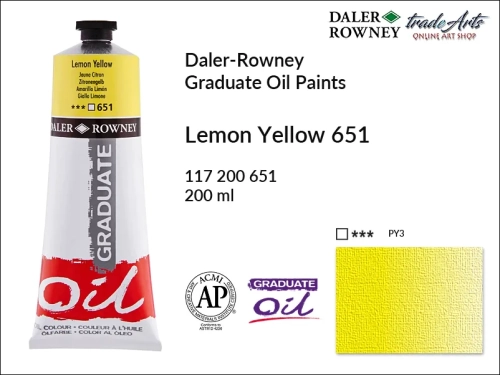Farby olejne 200 ml Graduate Oil Colours Daler-Rowney, Daler-Rowney - farby olejne Graduate Oil 200 ml, farba olejna Lemon Yellow 651 tuba 200 ml Graduate Oil Daler-Rowney, farba olejna, tradearts,