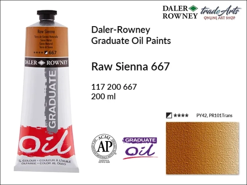 Farby olejne 200 ml Graduate Oil Colours Daler-Rowney, Daler-Rowney - farby olejne Graduate Oil 200 ml, farba olejna Raw Sienna 667 tuba 200 ml Graduate Oil Daler-Rowney, farba olejna, tradearts,