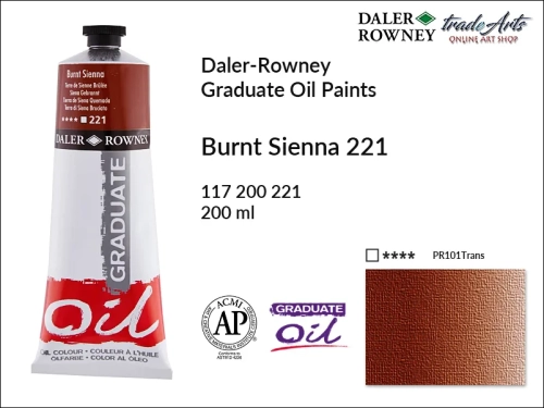 Farby olejne 200 ml Graduate Oil Colours Daler-Rowney, Daler-Rowney - farby olejne Graduate Oil 200 ml, farba olejna Burnt Sienna 221 tuba 200 ml Graduate Oil Daler-Rowney, farba olejna, tradearts,