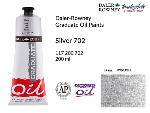 Farby metaliczne olejne 200 ml Graduate Oil Colours Daler-Rowney, Daler-Rowney - farby metaliczne olejne Graduate Oil 200 ml, farba olejna Silver 702 tuba 200 ml Graduate Oil D-R, farba olejna metaliczna, tradearts,