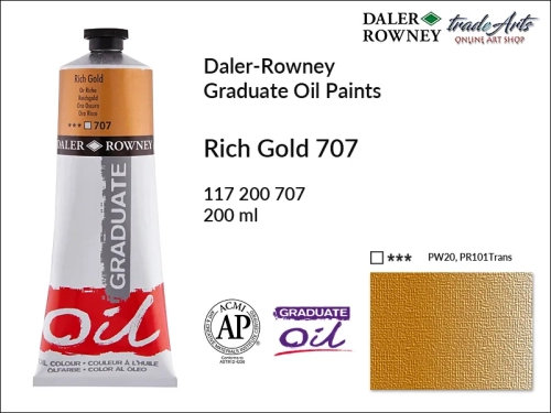 Farby metaliczne olejne 200 ml Graduate Oil Colours Daler-Rowney, Daler-Rowney - farby metaliczne olejne Graduate Oil 200 ml, farba olejna Rich Gold 707 tuba 200 ml Graduate Oil D-R, farba olejna metaliczna, tradearts,