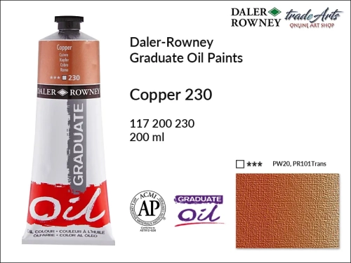 Farby metaliczne olejne 200 ml Graduate Oil Colours Daler-Rowney, Daler-Rowney - farby metaliczne olejne Graduate Oil 200 ml, farba olejna Copper 230 tuba 200 ml Graduate Oil D-R, farba olejna metaliczna, tradearts,