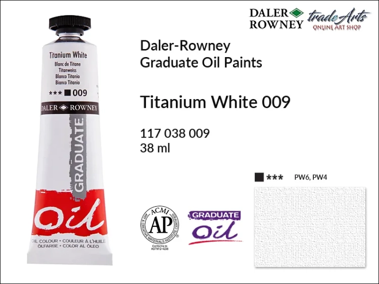Farby olejne 38 ml Graduate Oil Colours Daler-Rowney, Daler-Rowney - farby olejne Graduate Oil 38 ml, farba olejna Titanium White 009 tuba 38 ml Graduate Oil Daler-Rowney, farba olejna, tradearts,